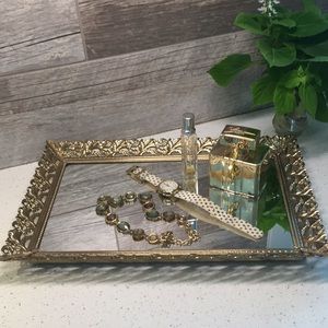 Vintage Gold Filigree Mirror Vanity Tray